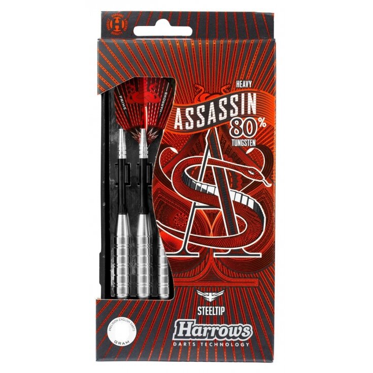 Harrows Assassin Heavy 80 % volframo smiginio strėlytės, 32 g. Sunkus modelis stabiliai trajektorijai, užtikrintam sukibimui ir tiksliems metimams.Darts Steeltip ASSASSIN HEAVY W80 3x32gR Harrows Assassin Heavy 80 % volframo smiginio strėlytės, 32 g. Sunkus modelis stabiliai trajektorijai, užtikrintam sukibimui ir tiksliems metimams.Darts Steeltip ASSASSIN HEAVY W80 3x32gR
