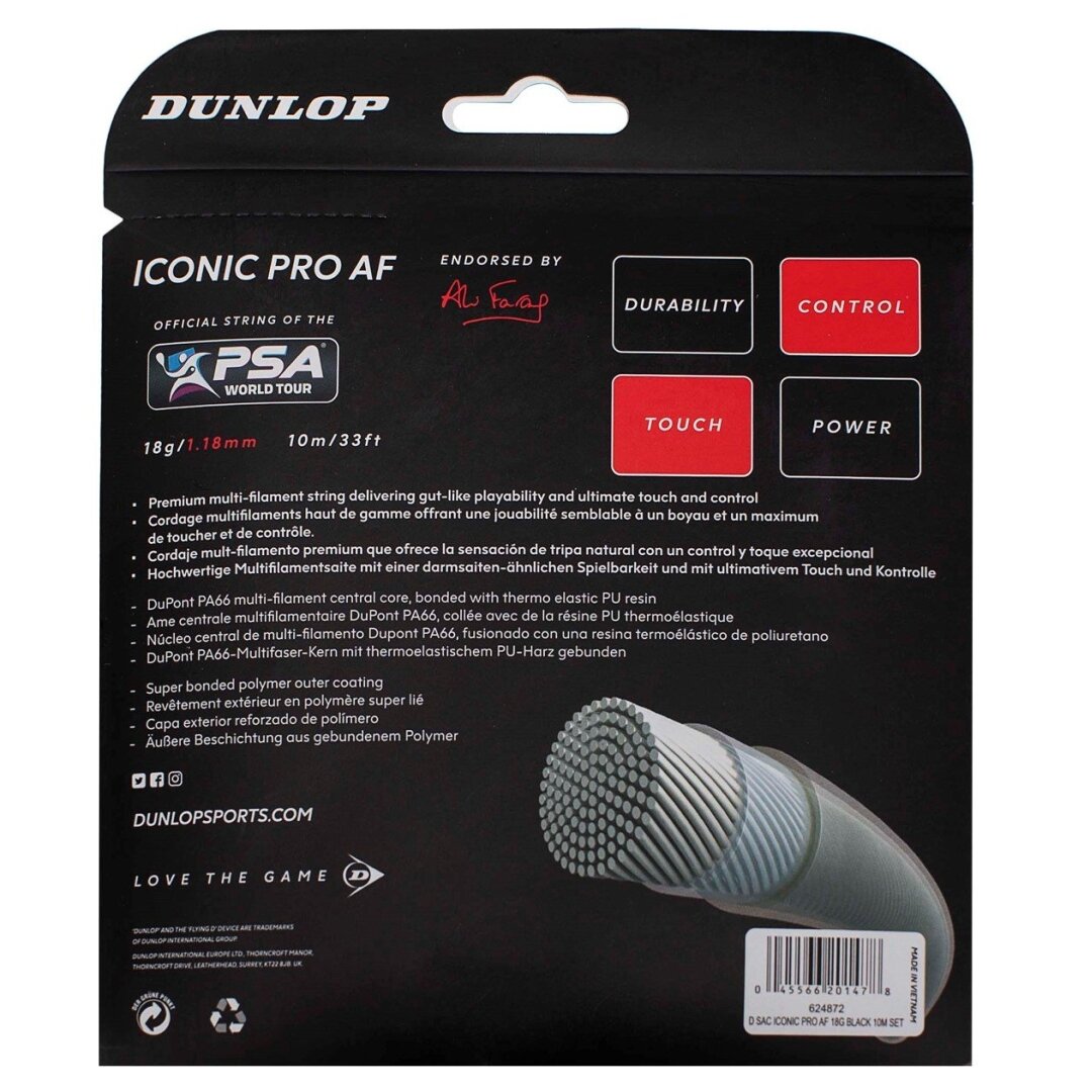 Stygos skvošo raketei DUNLOP ICONIC PRO AF 1,22MM 17G BLACK 10M SET 1